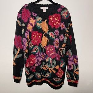 Vintage 80s Rachel Max Cottage Core Floral Rose Heavy Knit Sweater Womens Medium